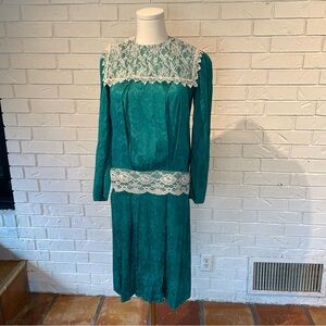 Vintage 80s Jessica McClintock Green Damask Lace Dress XS